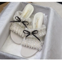 Sophisticated Chanel Tweed & Pearls Heel Slides Sandal 9cm with Bow White 2025 CH041616
