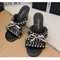 Sumptuous Chanel Tweed & Pearls Heel Slides Sandal 9cm with Bow Black 2025 CH041616