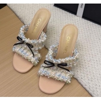 Pretty Style Chanel Tweed & Pearls Heel Slides Sandal 9cm with Bow Beige 2025 CH041616