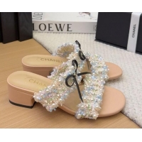 Top Grade Chanel Tweed & Pearls Heel Slides Sandal 5cm with Bow Beige 2025 CH041616