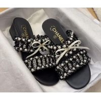 Shop Duplicate Chanel Tweed & Pearls Heel Slides Sandal 5cm with Bow Black 2025 CH041616