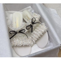 Purchase Chanel Tweed & Pearls Heel Slides Sandal 5cm with Bow White 2025 CH041616