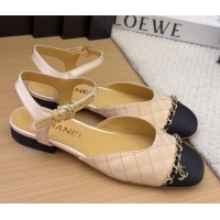 Stylish Chanel Quilted Fabric & Grosgrain Flat Sandals with Chain Beige 2025 CH041617