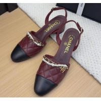 Popular Style Chanel Lambskin Slingback Pumps with Chain and Pearls Burgundy 2025 CH041618