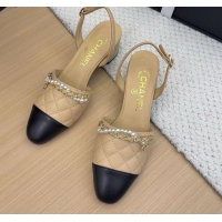 Luxurious Chanel Lambskin Slingback Pumps with Chain and Pearls Beige 2025 CH041618
