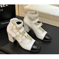 Most Popular Chanel Calfskin Leather Mary Janes Pumps 7cm with Triple Buckle White/Black 2025 G46477
