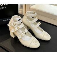 Grade Quality Chanel Calfskin Leather Mary Janes Pumps 7cm with Triple Buckle Ivory White 2025 G46477