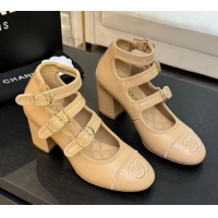 Popular Style Chanel Calfskin Leather Mary Janes Pumps 7cm with Triple Buckle Beige 2025 G46477