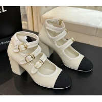 Pretty Style Chanel Fabric & Grosgrain Mary Janes Pumps 7cm with Triple Buckle White 2025 G46477