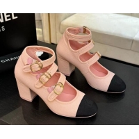 Unique Style Chanel Fabric & Grosgrain Mary Janes Pumps 7cm with Triple Buckle Light Pink 2025 G46477