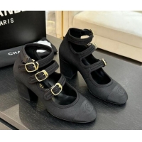 Top Design Chanel Fabric & Grosgrain Mary Janes Pumps 7cm with Triple Buckle Black 2025 G46477
