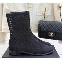 Hot Style Chanel Lace Flat Ankle Boots Black 2025 CH041619