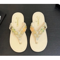 Shop Duplicate Chanel Tweed Flat Thong Slide Sandals with Charm Nude 2025 G46304