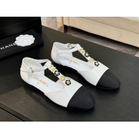 Luxury Discount Chanel Calfskin Mary Janes Flats with Charm White 2025 CH041620