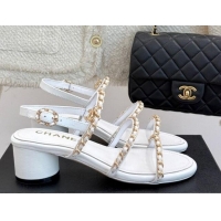 Low Price Chanel Lambskin Heel Sandals with Chain Strap White 2025 G45667 