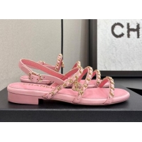 Luxurious Chanel Lambskin Flat Sandals with Chain Strap Pink 2025 G45667