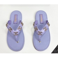 Luxury Cheap Chanel Lambskin Flat Slide Thong Sandals with CC Charm Purple 2025 CH041621