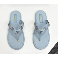 Good Product Chanel Lambskin Flat Slide Thong Sandals with CC Charm Light Blue 2025 CH041621