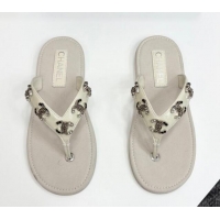 Trendy Design Chanel Lambskin Flat Slide Thong Sandals with CC Charm White 2025 CH041621