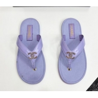 Most Popular Chanel Lambskin Flat Slide Thong Sandals with Strass CC Purple 2025 CH041621