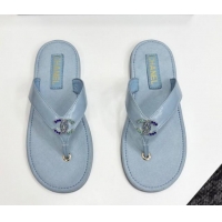 Buy Luxury Chanel Lambskin Flat Slide Thong Sandals with Strass CC Light Blue 2025 CH041621