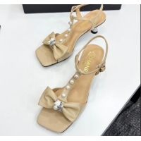 Pretty Style Chanel Lambskin Heel Sandals with Bow Beige 2025 CH041702
