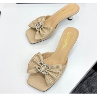 Good Quality Chanel Perforated Lambskin Heel Slides Sandal with Bow Beige 2025 CH041703
