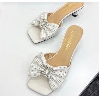 Popular Style Chanel Perforated Lambskin Heel Slides Sandal with Bow White 2025 CH041703