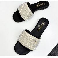 Unique Style Chanel Straw Flat Slides Sandal with Pearls Black 2025 CH041704