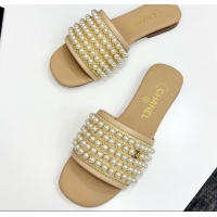 Hot Style Chanel Straw Flat Slides Sandal with Pearls Beige 2025 CH041704
