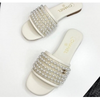 Grade Quality Chanel Straw Flat Slides Sandal with Pearls White 2025 CH041704
