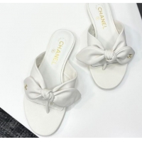 Low Price Chanel Lambskin Flat Thong Slide Sandals with Bow White 2025 CH041705
