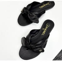 Shop Duplicate Chanel Lambskin Flat Thong Slide Sandals with Bow Black 2025 CH041705