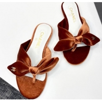 Stylish Chanel Velvet Flat Thong Slide Sandals with Bow Brown 2025 CH041705