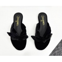 Good Quality Chanel Velvet Flat Thong Slide Sandals with Bow Black 2025 CH041705