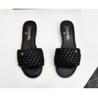 Best Grade Chanel Woven Leather Flat Slides Sandal Black 2025 CH041706