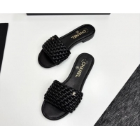 Best Grade Chanel Woven Leather Flat Slides Sandal Black 2025 CH041706
