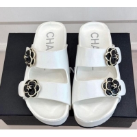 Low Cost Chanel Satin Platform Slides Sandal with Camellia Strap White 2025 CH041707