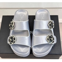 Luxury Discount Chanel Satin Platform Slides Sandal with Camellia Strap Grey 2025 CH041707
