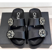 Luxury Chanel Satin Platform Slides Sandal with Camellia Strap Black 2025 CH041707