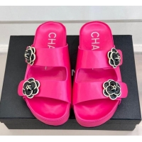 Lower Price Chanel Satin Platform Slides Sandal with Camellia Strap Dark Pink 2025 CH041707