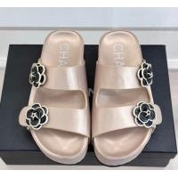 Classic Chanel Satin Platform Slides Sandal with Camellia Strap Nude 2025 CH041707