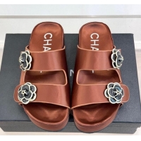 Most Popular Chanel Satin Platform Slides Sandal with Camellia Strap Brown 2025 CH041707