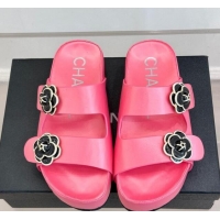 Luxury Chanel Satin Platform Slides Sandal with Camellia Strap Pink2 2025 CH041707 