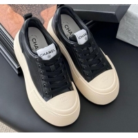 Shop Duplicate Chanel Calfskin Platform Sneakers Black 2025 CH041709