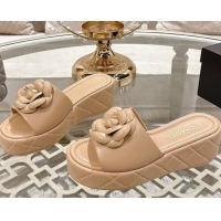 Good Product Chanel Lambskin Platform Wedge Slides Sandal 7cm with Camellia Beige 2025 CH041710