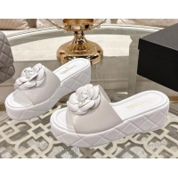 Good Quality Chanel Lambskin Platform Wedge Slides Sandal 7cm with Camellia White 2025 CH041710