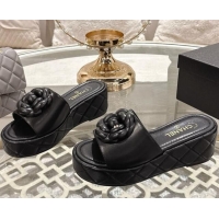 Grade Quality Chanel Lambskin Platform Wedge Slides Sandal 7cm with Camellia Black 2025 CH041710
