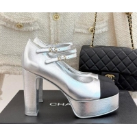 Popular Style Chanel Mary Janes in Laminated Lambskin G46433 Silver