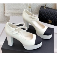 Duplicate Chanel Mary Janes in Laminated Lambskin & Grosgrain G46433 White